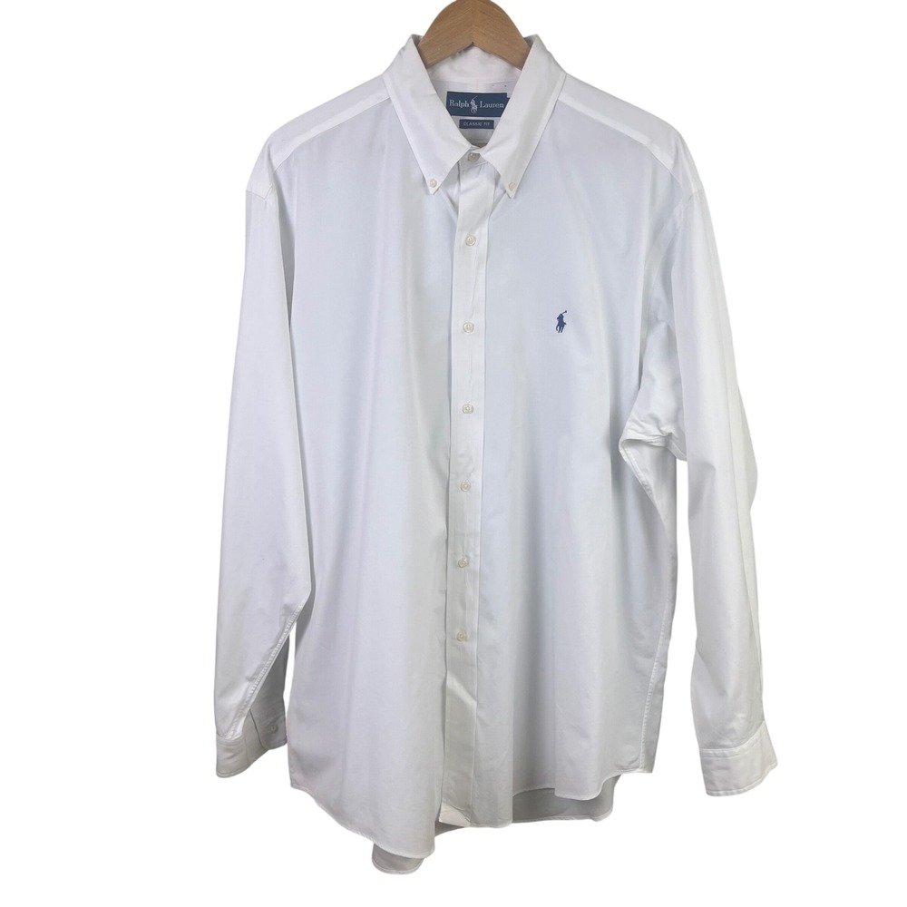 Ralph Lauren Classic Fit White Long Sleeve Button Collar Shirt Blue Pony XL
